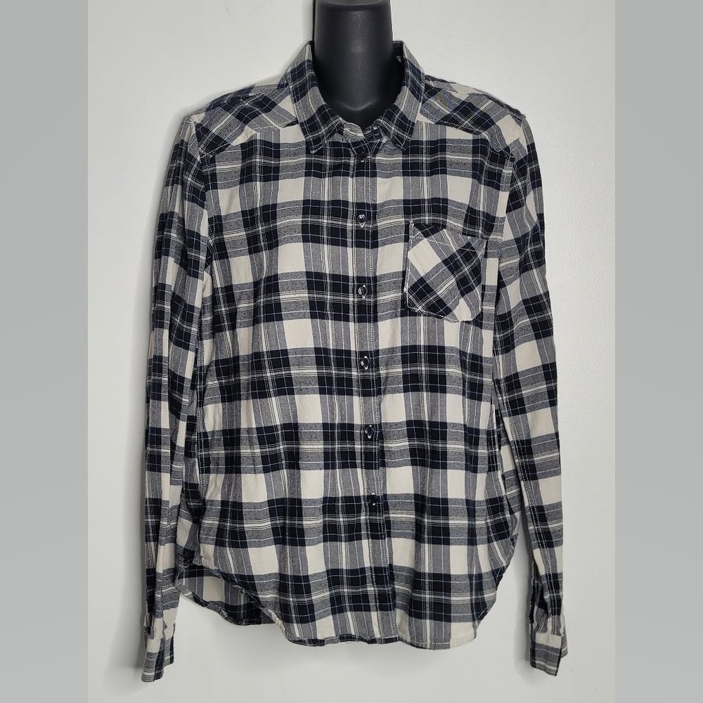 Paige Womens L Large Blue Navy‎ Flannel Plaid Button Shirt Long Sleeve Casual
